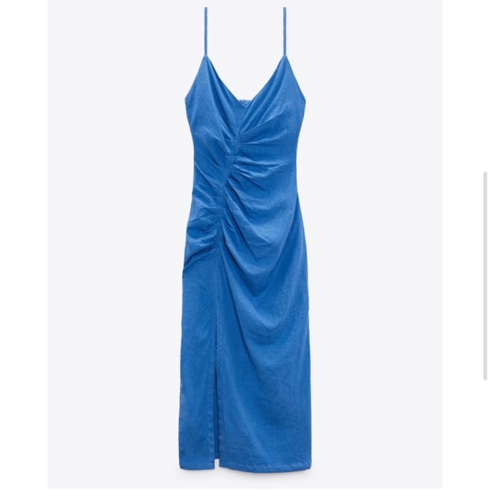NWT ZARA RUCHED LINEN BLEND MIDI DRESS IN BLUE